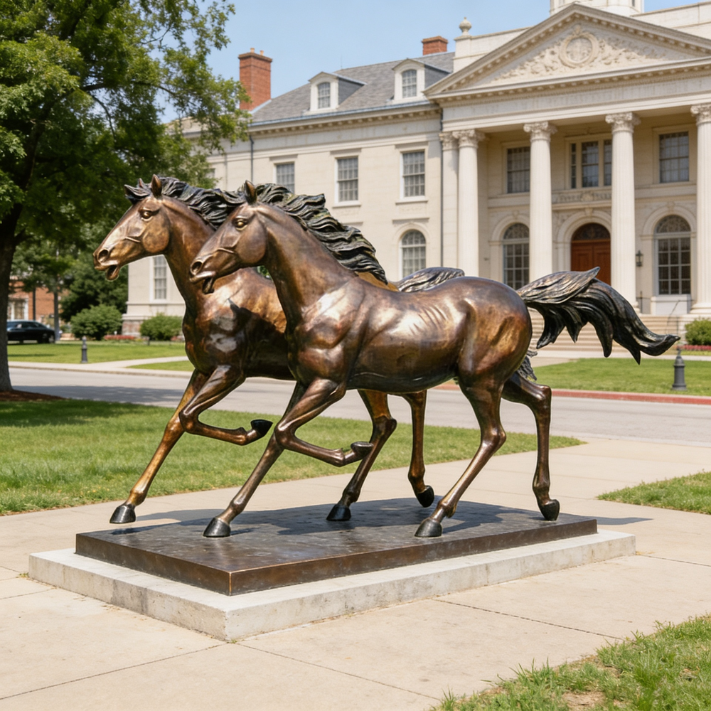 Realistic bronze equine sculptures showing two horses running with expressive posture