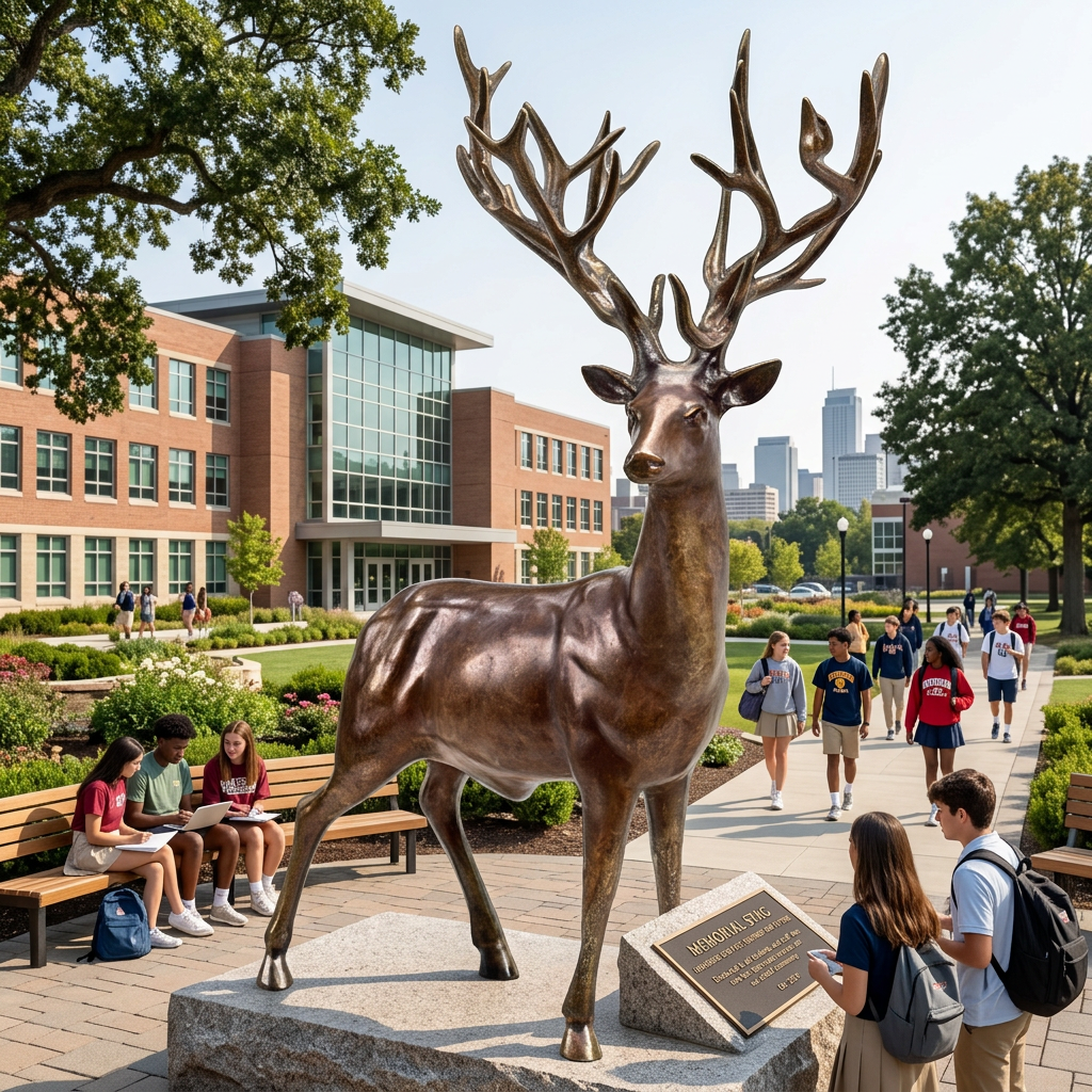 Realistic bronze stag statue featuring raised head, strong musculature, and intricate antlers
