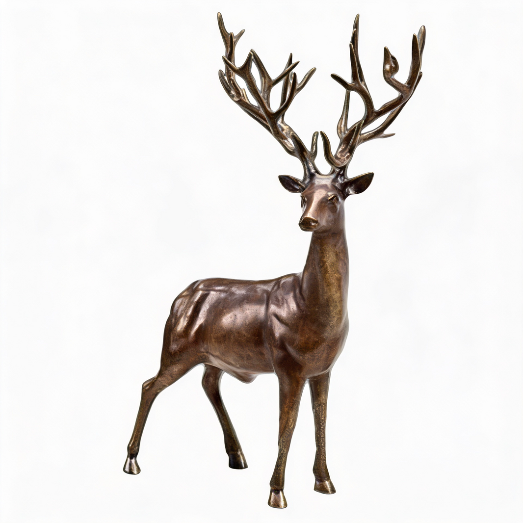 Bronze sculpture of a standing stag with large detailed antlers and lifelike body texture
