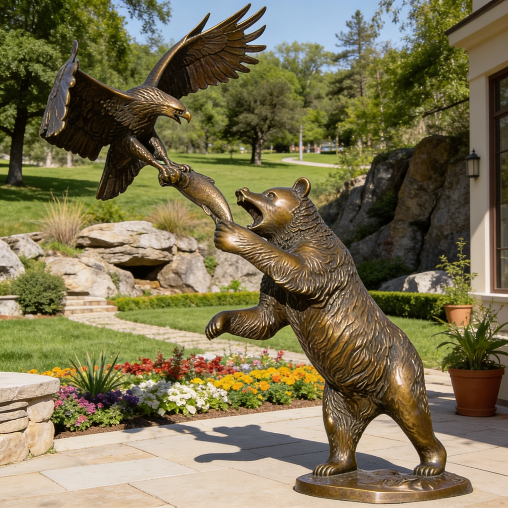 Bronze statue of a bear and an eagle in a garden setting with flowers and rocks.