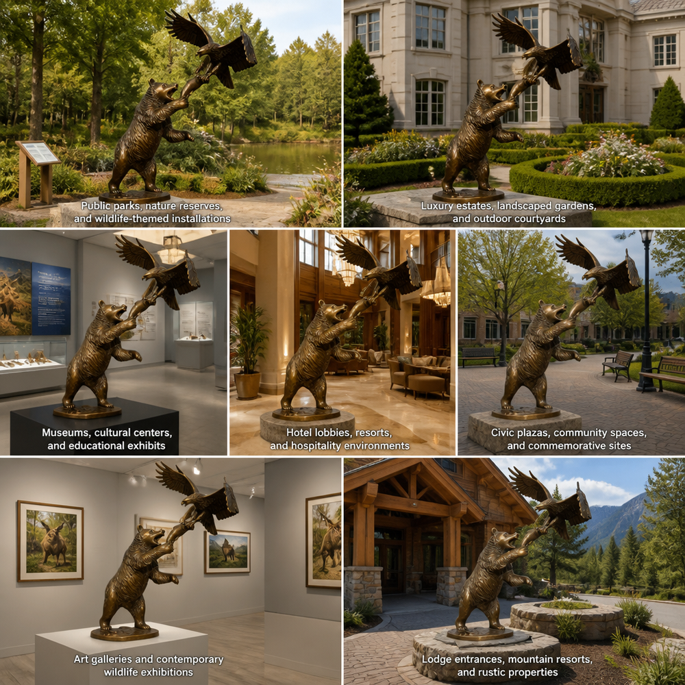 Collage of a bronze sculpture of a bear and an eagle in various settings including outdoors, indoors, and near buildings.