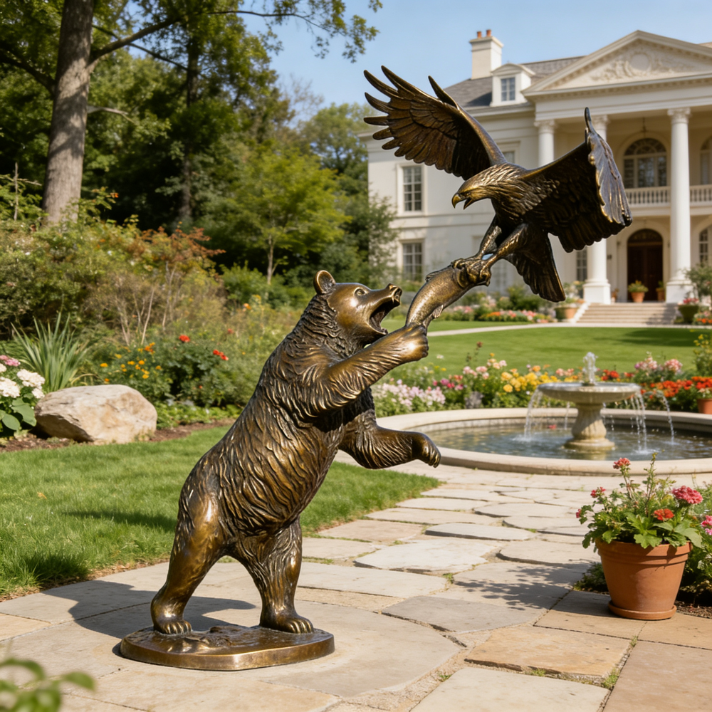 Bronze statue of a bear and an eagle in a garden setting with a mansion in the background