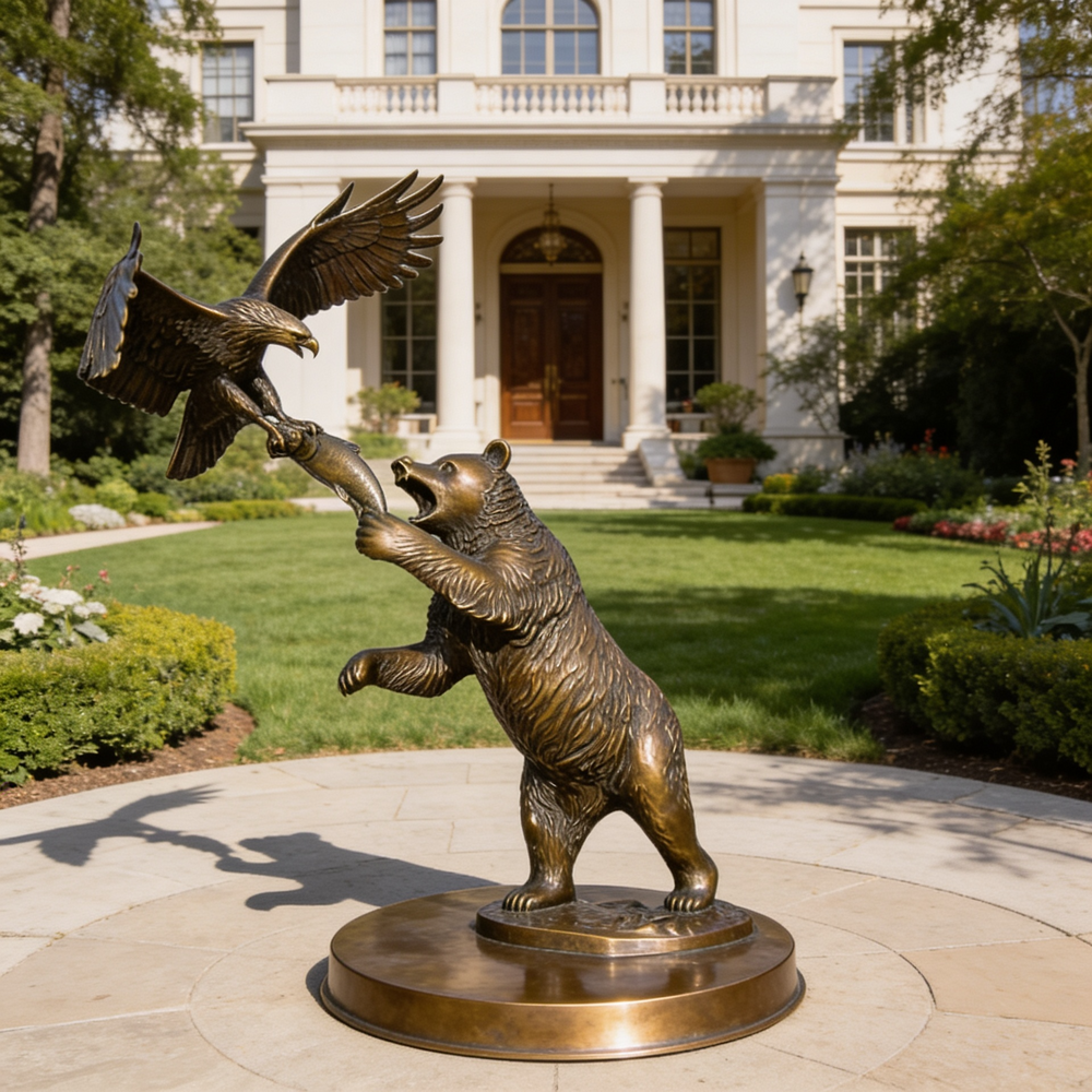 Bronze statue of a bear and an eagle in front of a large building with columns.