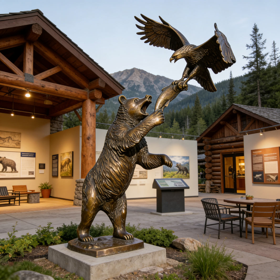 Bronze statue of a bear and an eagle in front of a wooden building with mountains in the background