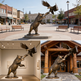 Bronze statue of a bear and an eagle in a public square, indoor setting, and outdoor setting.