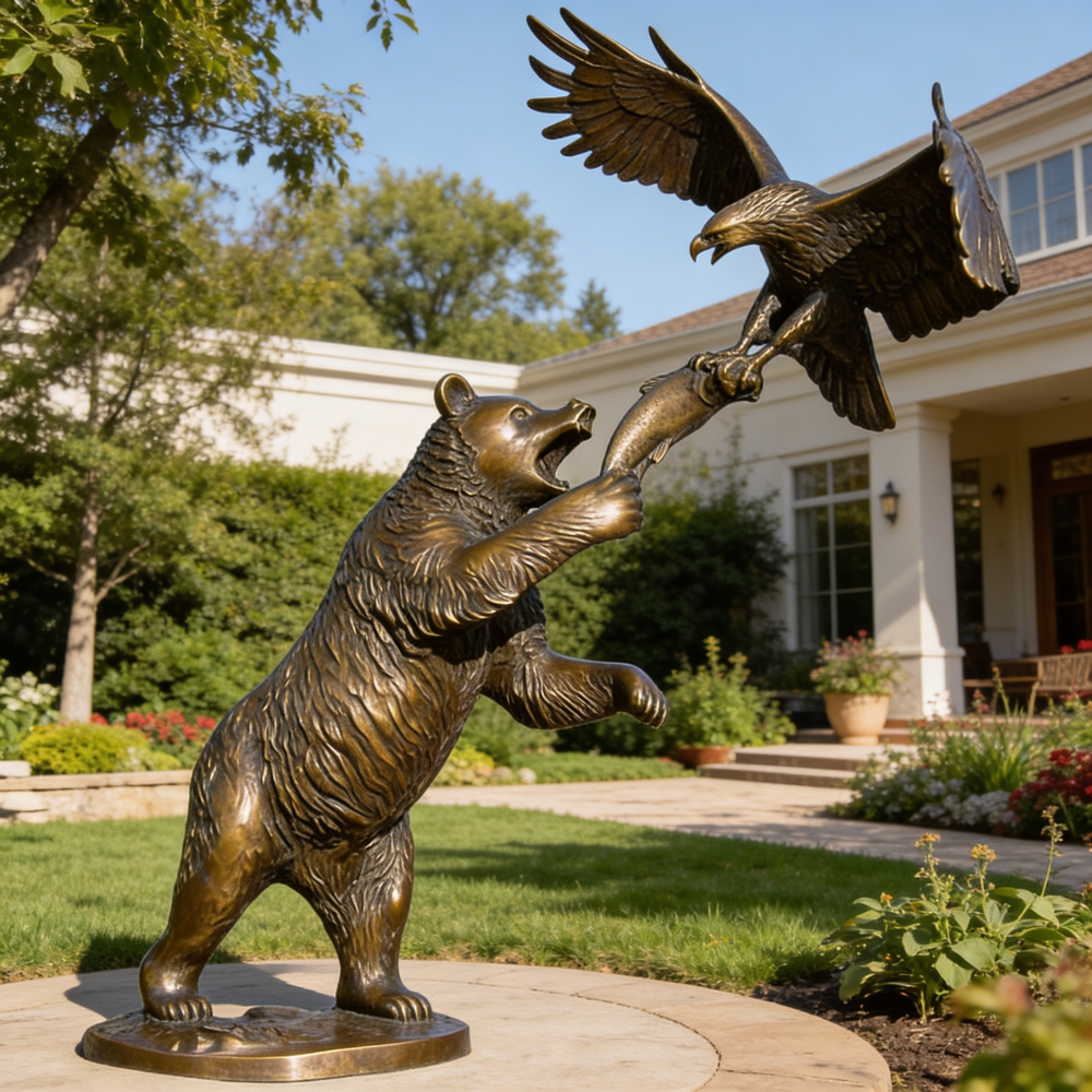 Bronze statue of a bear and an eagle in a garden setting with a house in the background