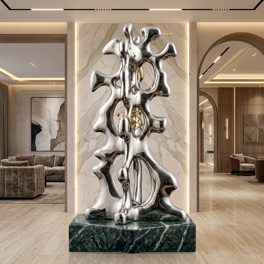 Abstract Metallic Sculpture with Organic Curved Form on Green Marble Base – TAIMCO Model # SSS1242