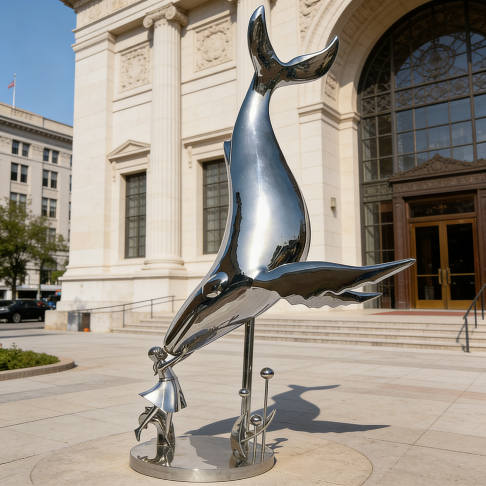 Reflective metallic whale and human interaction sculpture on an abstract ocean‑themed base