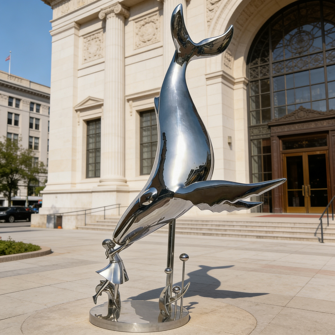 Reflective metallic whale and human interaction sculpture on an abstract ocean‑themed base