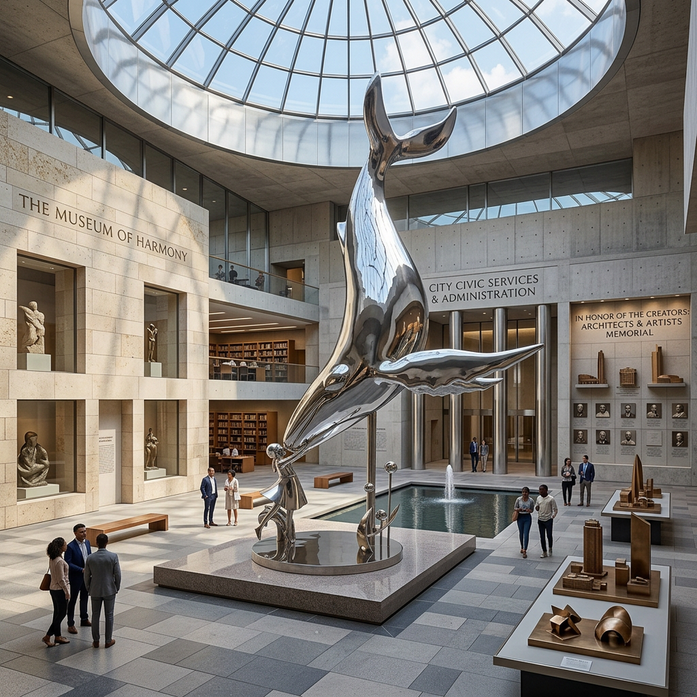 Modern polished metal artwork featuring a curved whale form and a figure touching its head