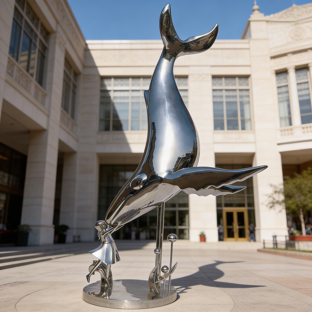 Sleek metallic sculpture featuring a whale in motion above a stylized human form