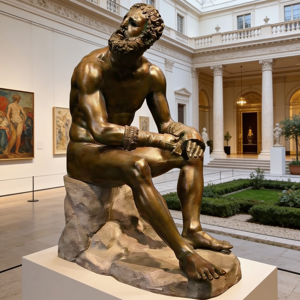 Bronze statue of a bearded man in a museum setting with classical architecture.
