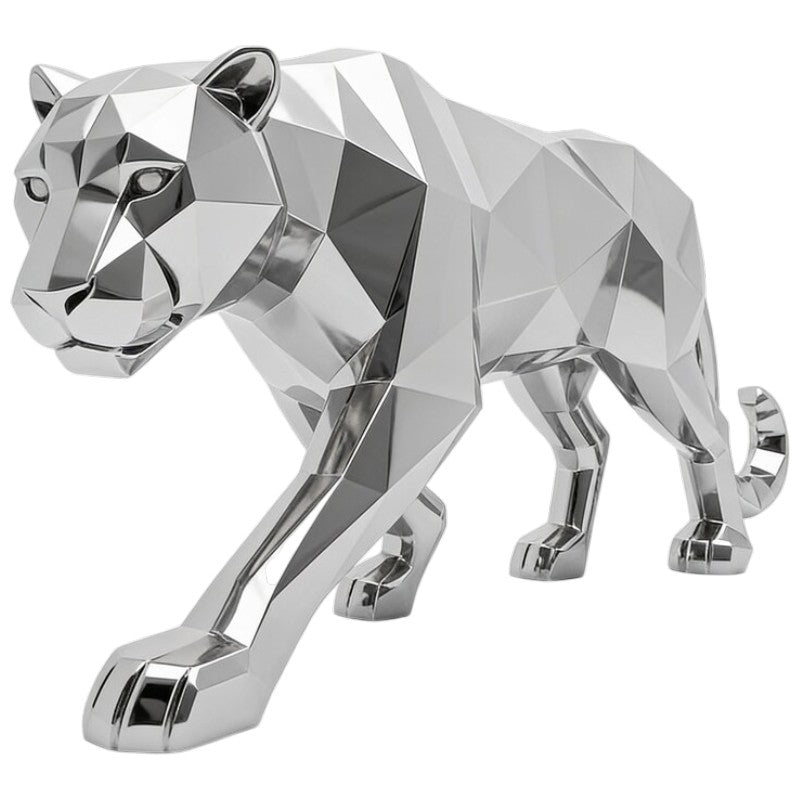 Chromed geometric panther sculpture on a white background