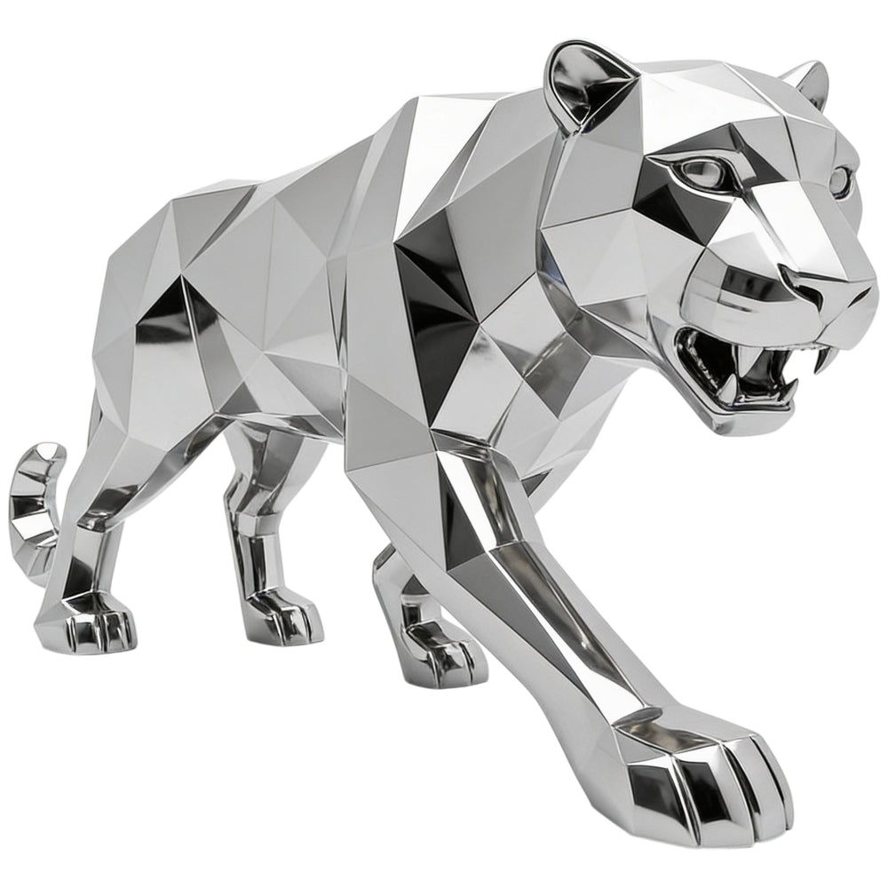 Sleek metallic sculpture of a walking panther with modern geometric shaping