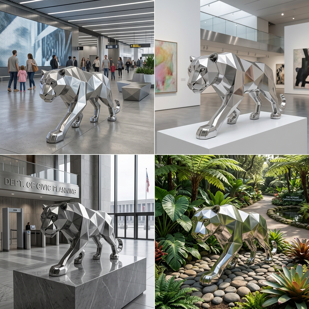 Angular polished metal panther artwork featuring sharp facets and a bold contemporary look