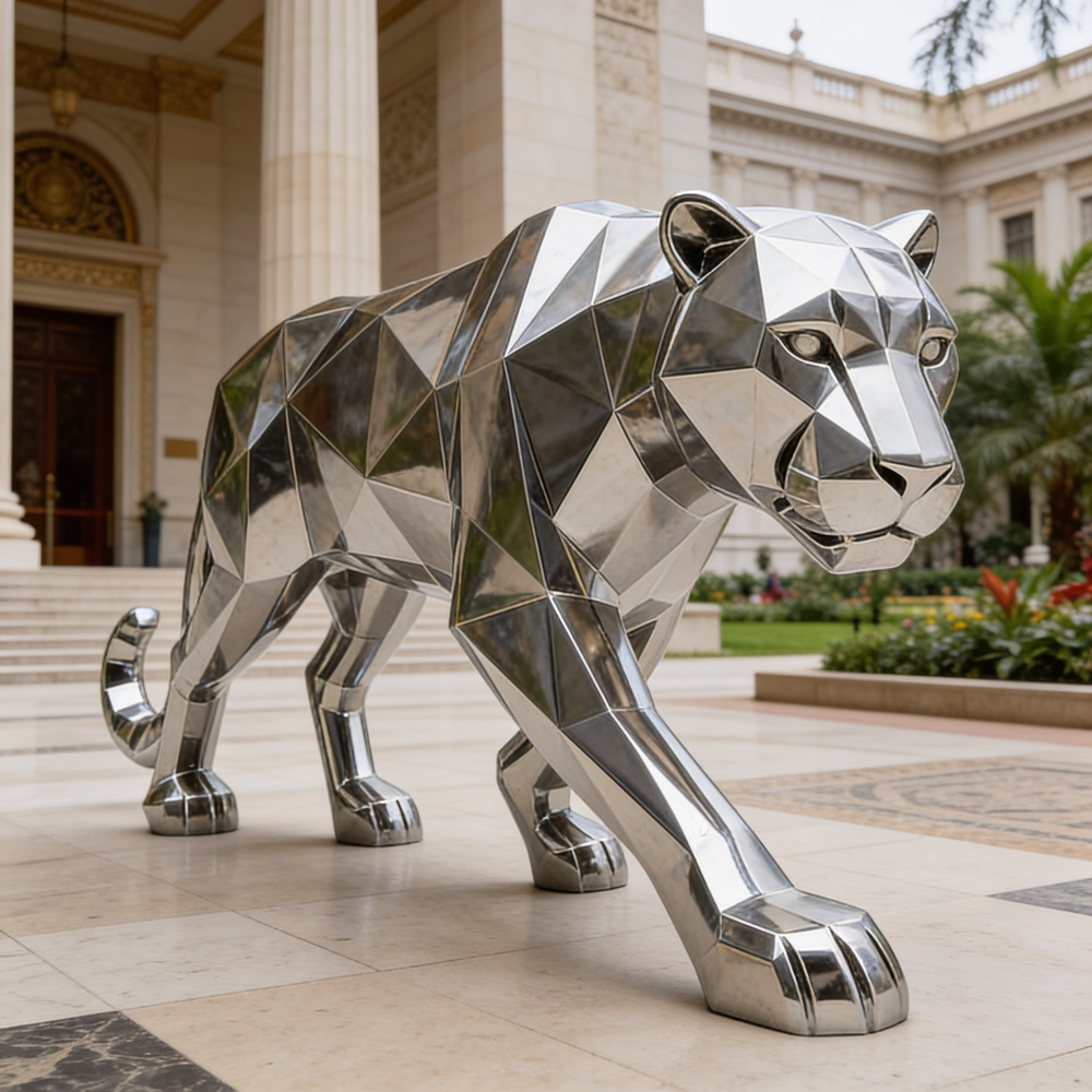 Chrome tiger sculpture in front of a classical building