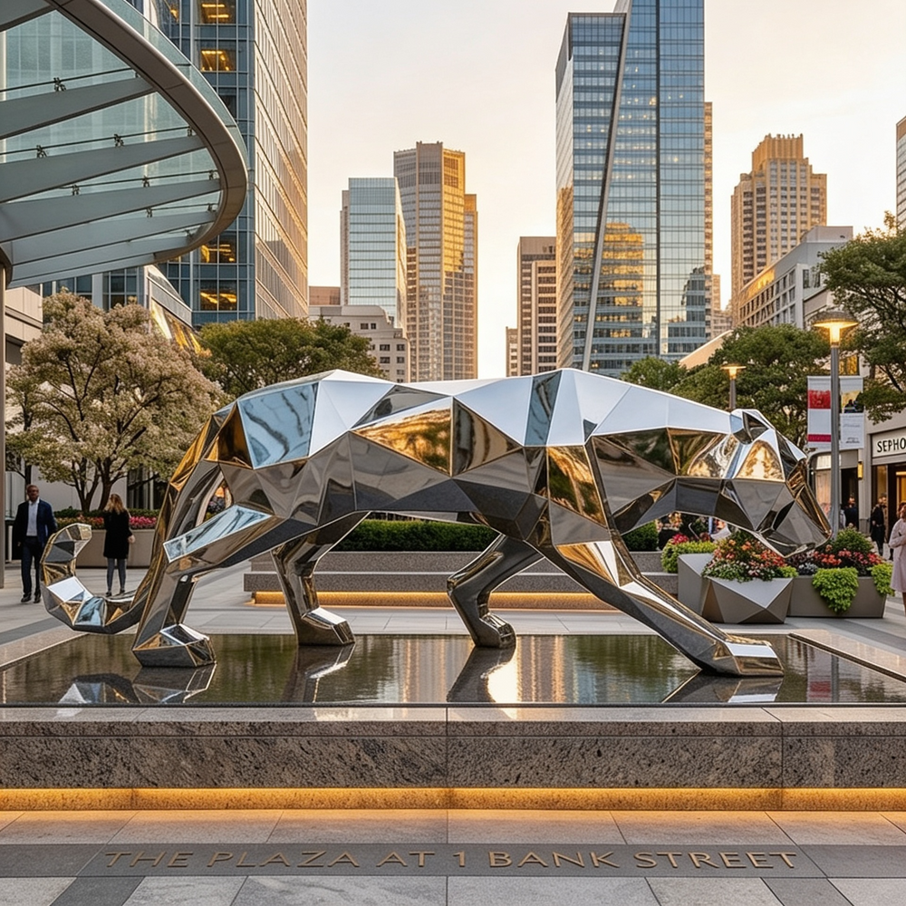 Reflective faceted panther sculpture made from polished metal with a modern abstract style