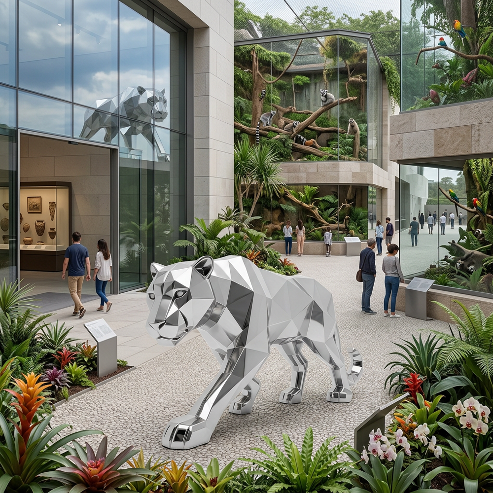 Modern building with glass facade and geometric animal sculpture in a garden setting