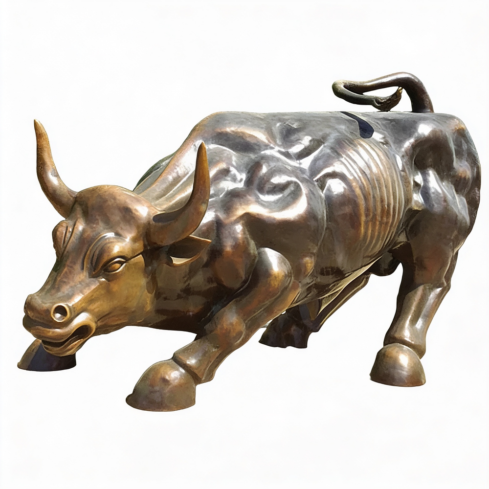 Bronze bull sculpture on a white background
Dynamic metal sculpture of a charging bull with polished surface and bold posture