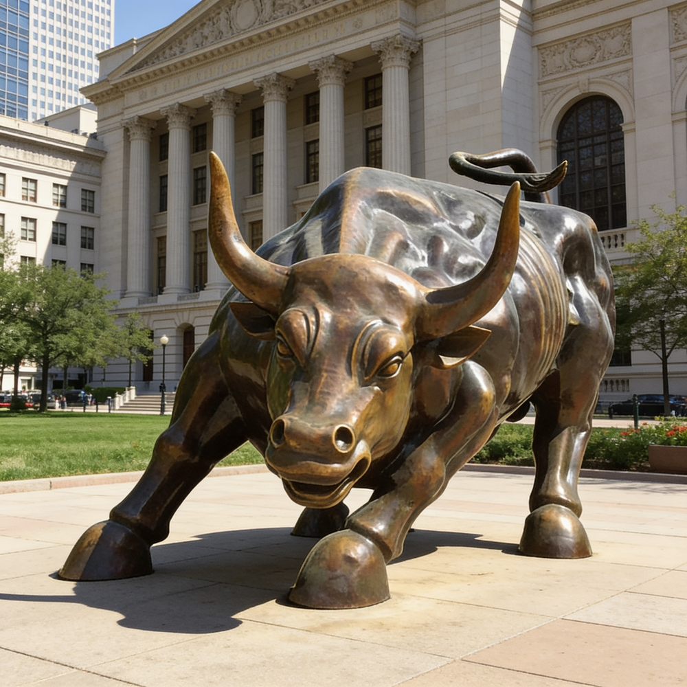 Bronze bull statue in front of a large building with columns
Metallic bull sculpture in an aggressive forward‑leaning pose with defined muscles
