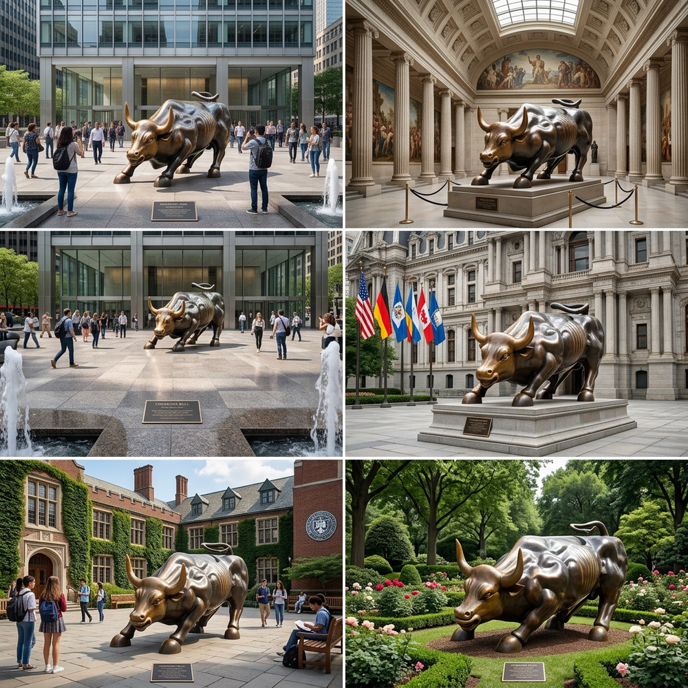 Collage of the Charging Bull statue in various locations
Stylized bull statue with lowered horns and a powerful forward‑driving stance