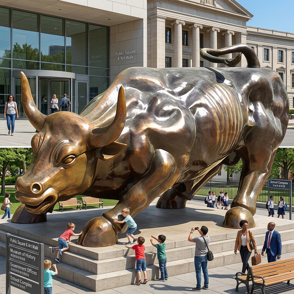 Bronze bull statue in front of a building with people around
Contemporary bull sculpture with aggressive stance and smooth bronze finish