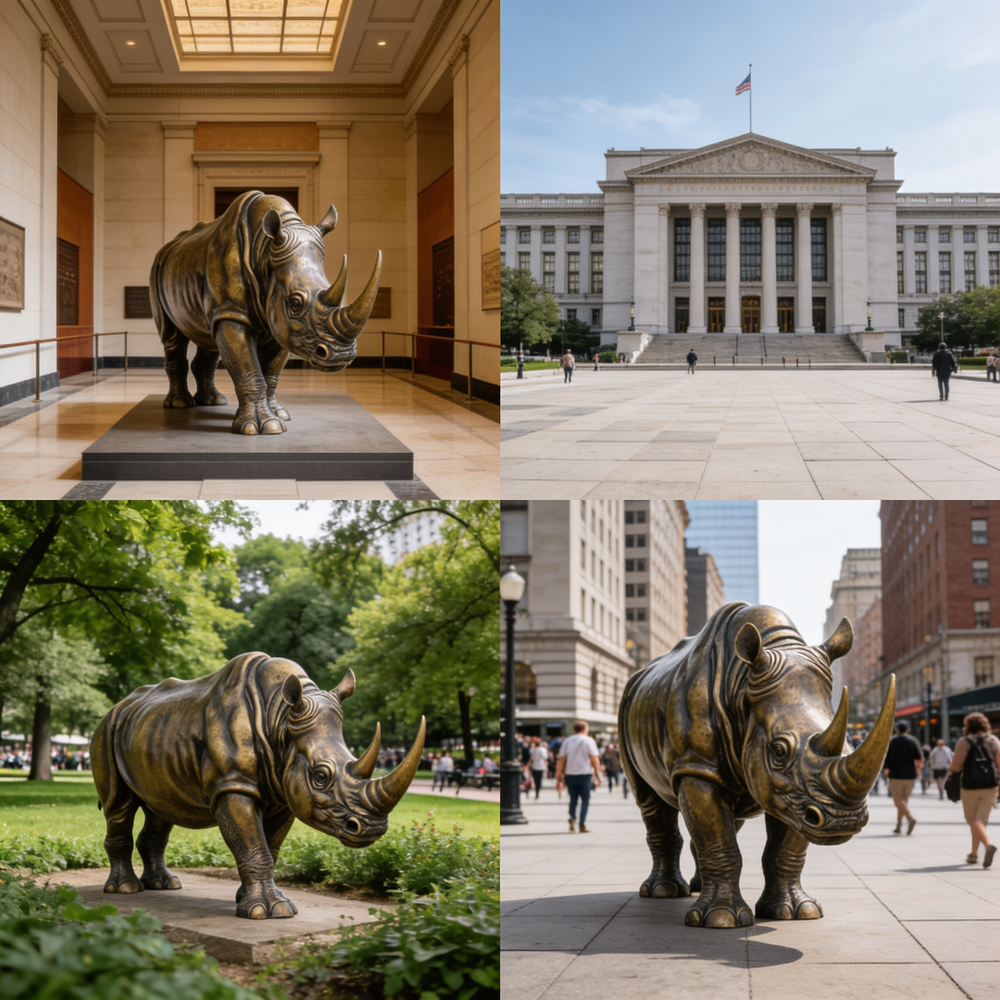 Bronze rhinoceros statues in various locations including a museum, city square, and park.
Reflective metallic rhinoceros sculpture showcasing lifelike anatomy and bold presence