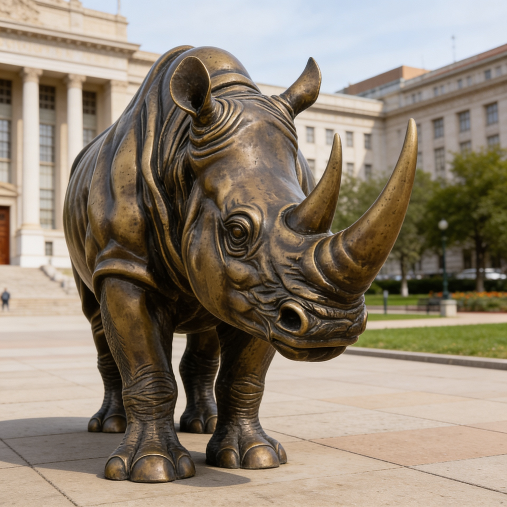Bronze rhinoceros statue in front of a large building
Bronze animal sculpture depicting a rhinoceros with detailed skin and strong posture