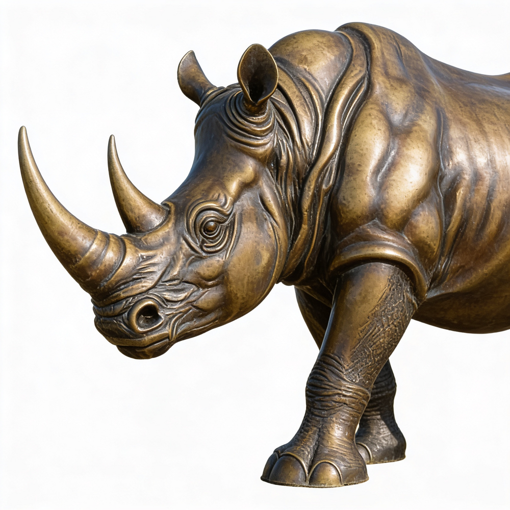 Bronze statue of a rhinoceros on a white background
Bronze‑tone rhino figure with realistic body detailing and rugged surface texture