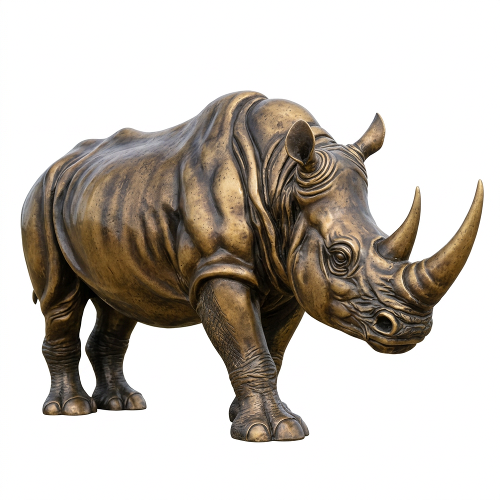 Bronze rhinoceros statue on a white background
Bronze animal sculpture depicting a rhinoceros with detailed skin and strong posture