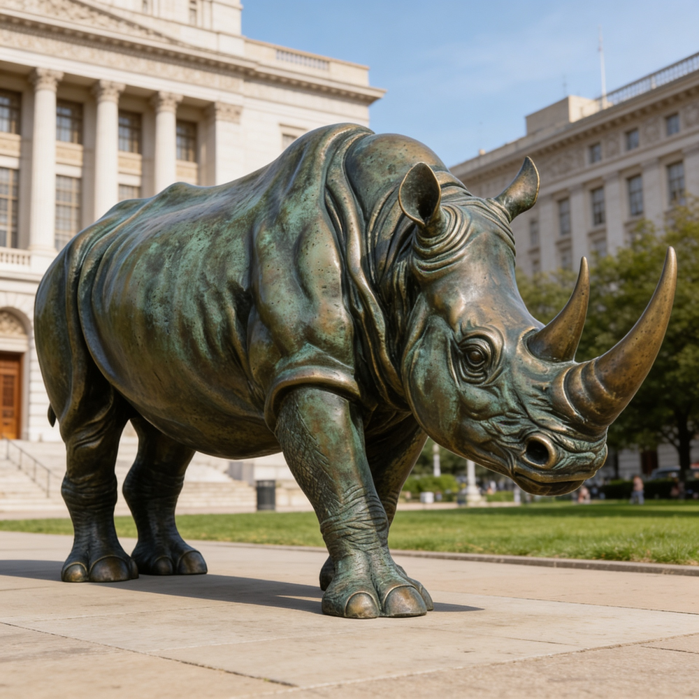 Metallic rhino statue featuring lifelike folds, muscle definition, and polished finish
