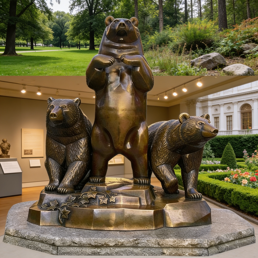Bronze statue of three bears on a pedestal with a garden and building in the background.