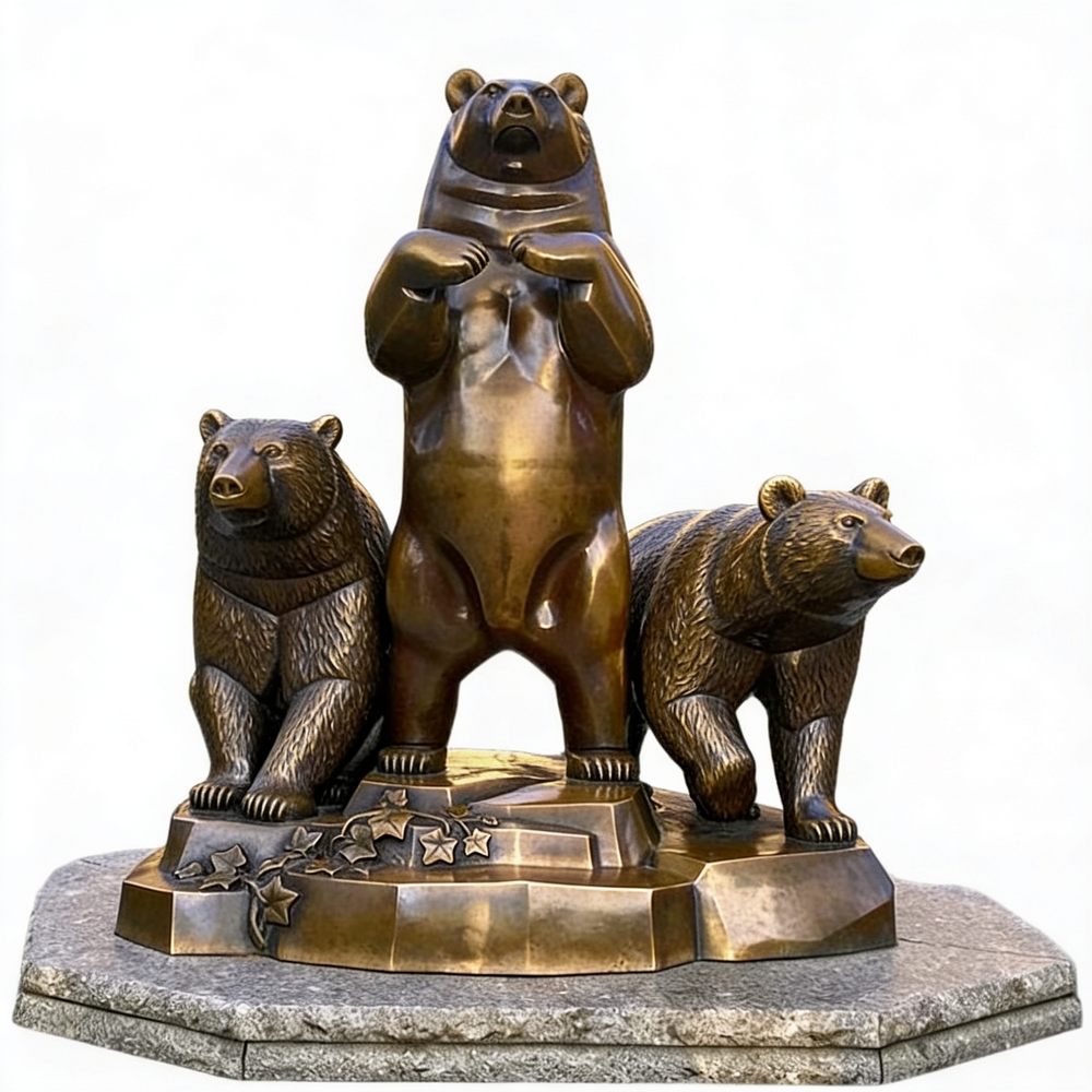 Bronze statue of three bears on a white background