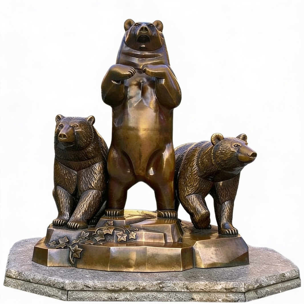 Bronze statue of three bears on a white background