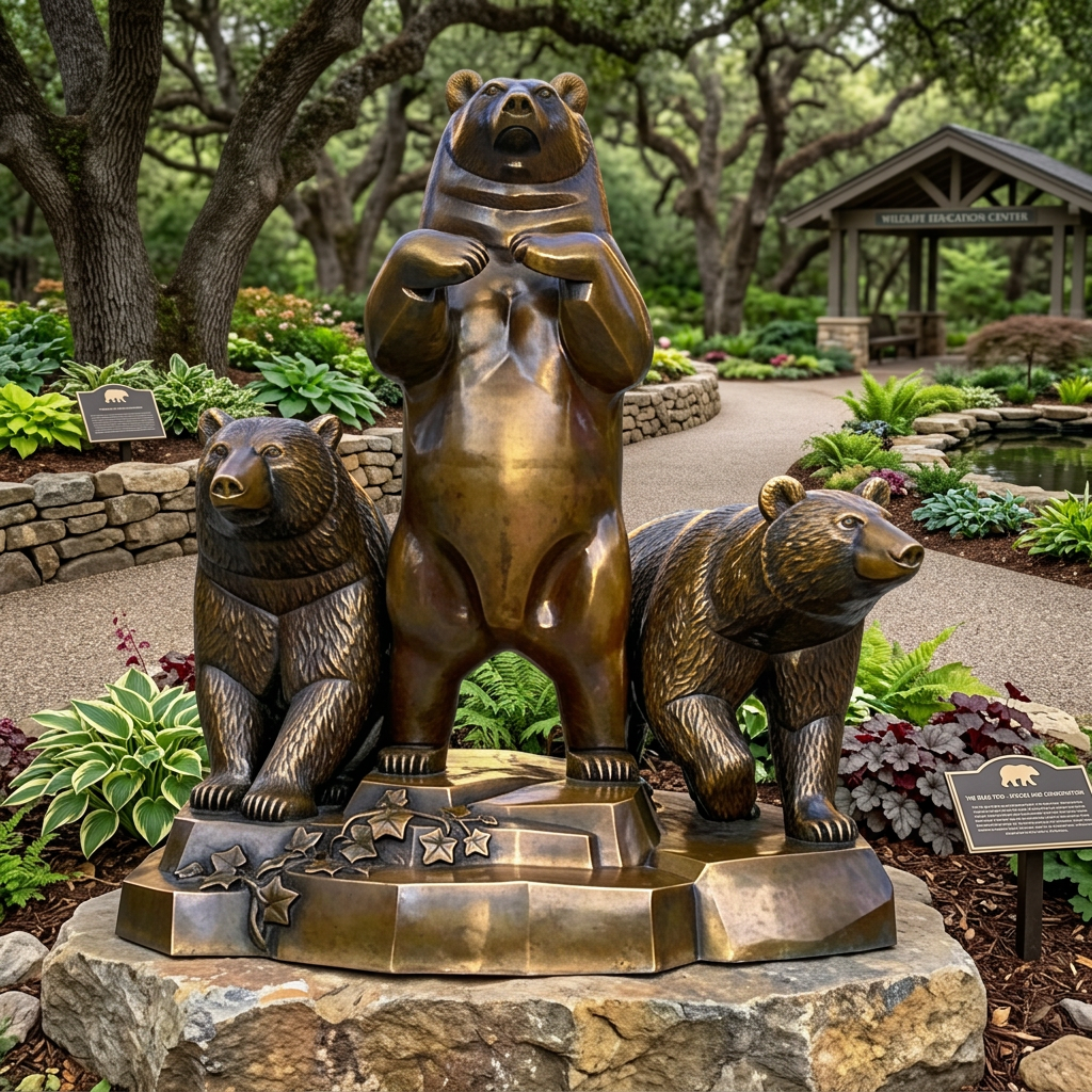 Bronze statue of three bears on a stone base in a garden setting