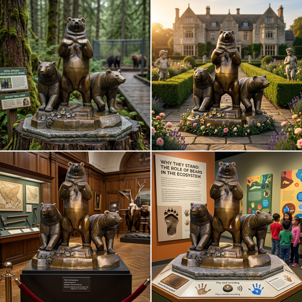 Collage of bear statues in various settings including a forest, garden, and museum.