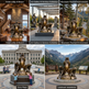 Collage of bear statue placements including hotel lobby, art gallery, mountain-themed environment, civic plaza, and landmark installation.