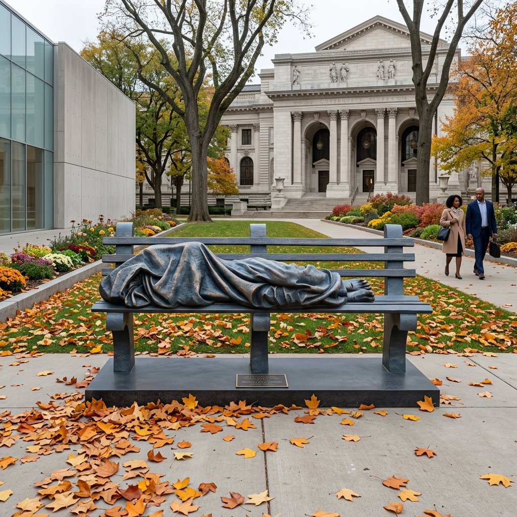 Bench with a sculpture draped over it in an outdoor setting with people and a building in the background.
Metal sculpture of a covered figure resting on a bench with exposed feet