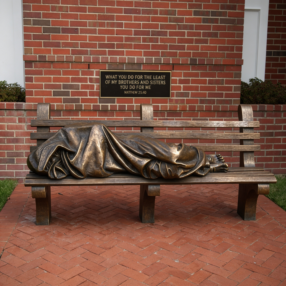 Bronze statue of a person on a bench with a quote plaque in the 
background.
Bronze Homeless Jesus sculpture lying on a bench with draped blanket