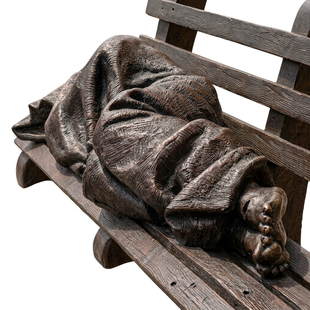 Wooden sculpture of a person lying on a bench with a blanket
Realistic bronze sculpture of a figure lying under a blanket on a bench