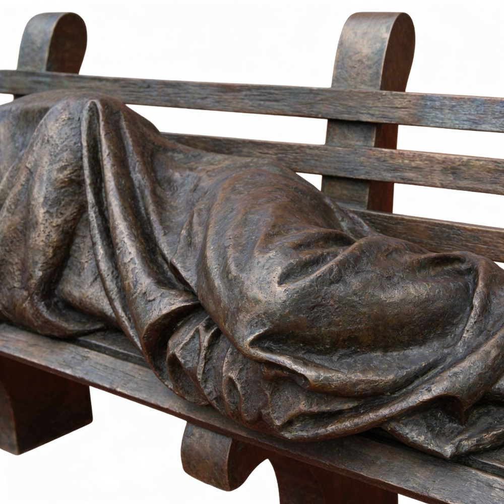 Bronze sculpture of a draped figure on a bench
Metal bench sculpture featuring a covered human form with visible feet.