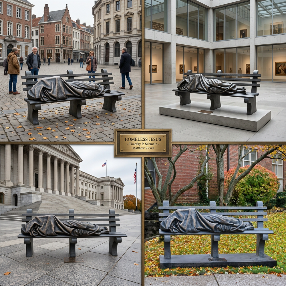 A collage of 'Homeless Jesus' sculptures in various locations
Contemplative bronze statue showing a resting figure with detailed drapery