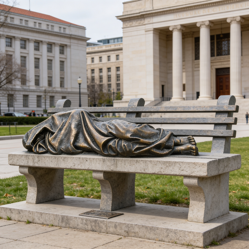 Bronze sculpture of a person lying on a bench in front of a classical building.
Metal bench sculpture featuring a covered human form with visible feet.