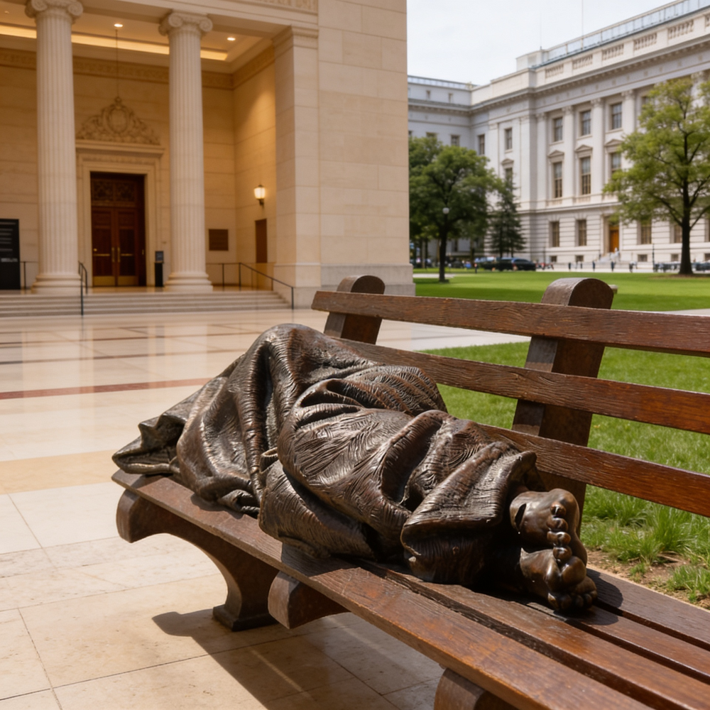 Bronze sculpture of a person lying on a bench in front of a classical building.
Metal bench sculpture featuring a covered human form with visible feet.