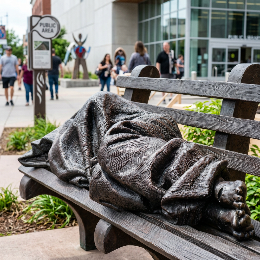 Bronze sculpture of a person lying on a bench in an urban setting
Bronze representation of a homeless figure lying on a park bench
