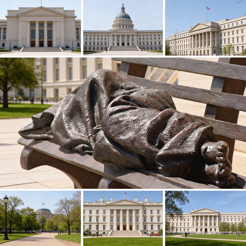 Collage of a statue of a person lying on a bench with multiple views of a large building.
Sculpture of a reclining figure under a blanket crafted in bronze