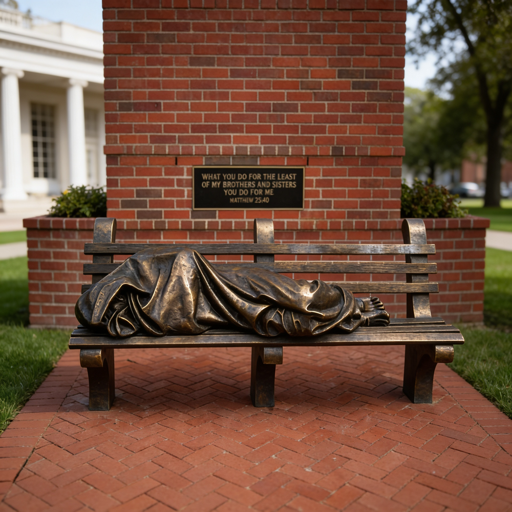 Bronze sculpture of a person on a bench against a brick wall with a plaque.
Bronze artwork symbolizing compassion through a sleeping figure on a bench