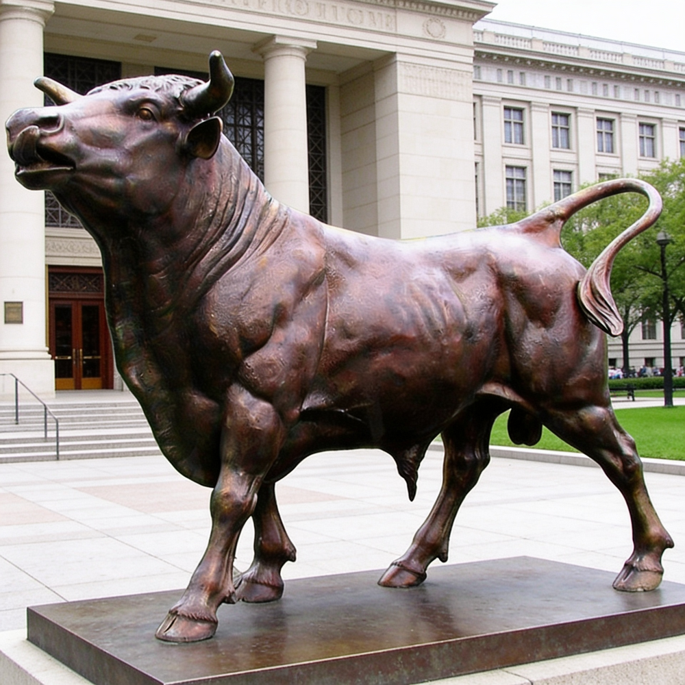 Bronze bull statue in front of a classical building
Outdoor plazas, landscaped gardens, and architectural installations