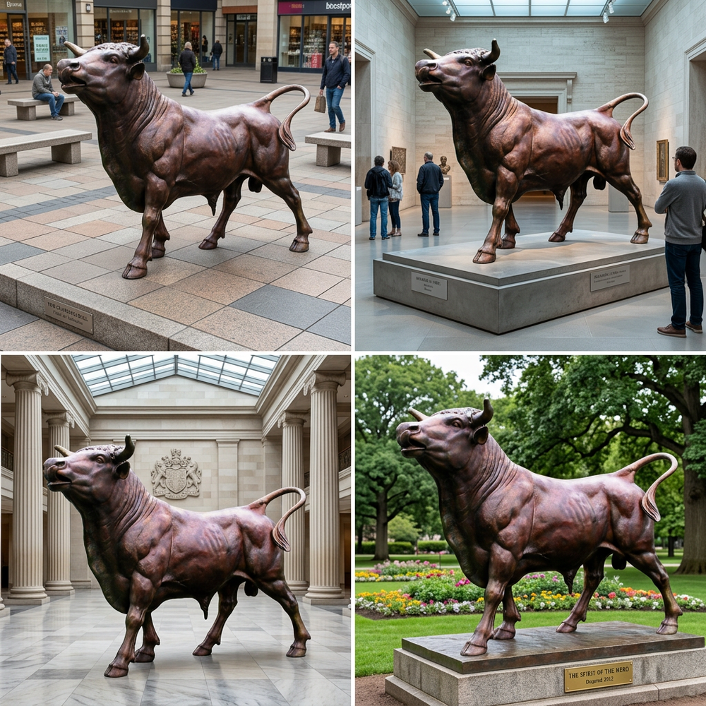 Collage of a bronze bull statue in various settings including a mall, museum, and park.
Art galleries and contemporary exhibitions

Public spaces symbolizing power, growth, or ambition
