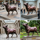 Collage of a bronze bull statue in various settings including a mall, museum, and park.